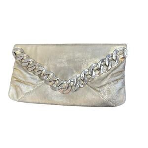Kenneth Jay Lane Gold Leather Chained Foldover Clutch Purse 11.25"x6"